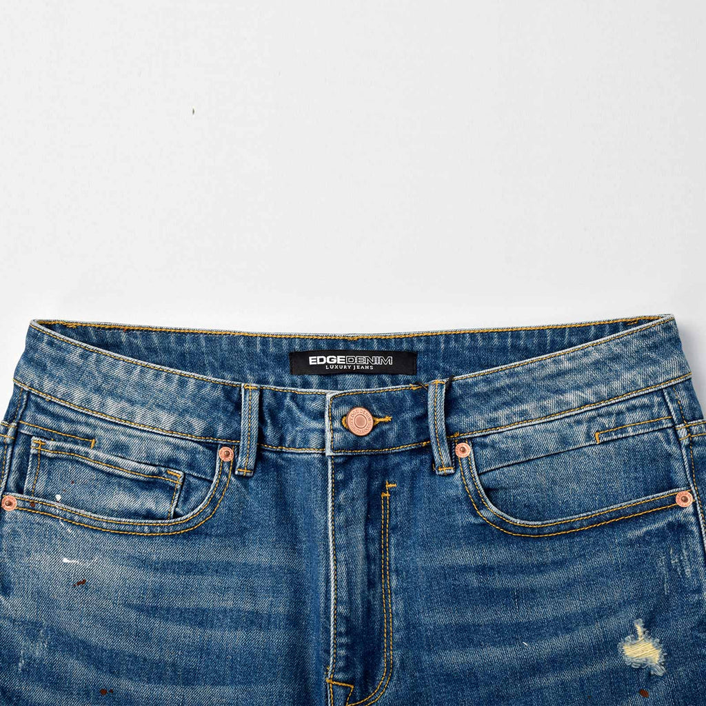 Custom Men's Blue Washed Skinny Jeans With Paint Splatters