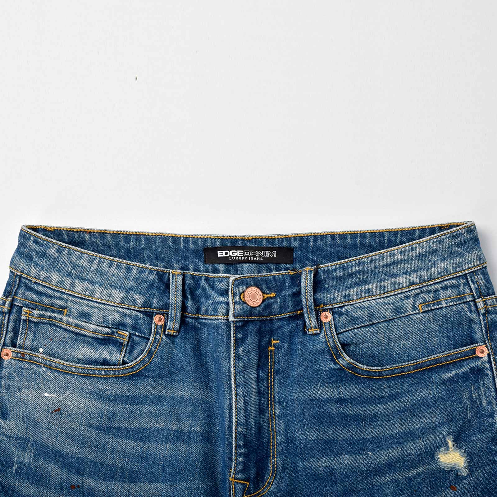 Custom Men's Blue Washed Skinny Jeans With Paint Splatters