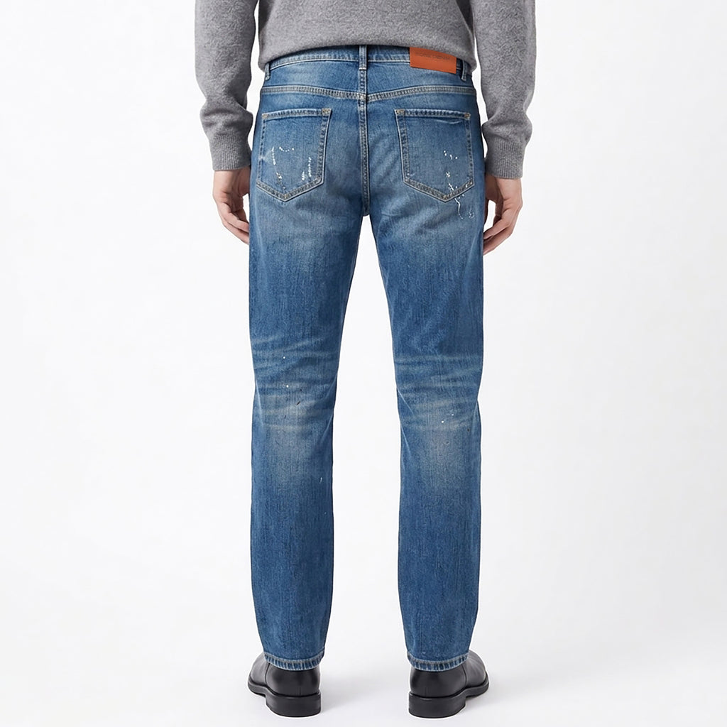 Custom Men's Blue Washed Skinny Jeans With Paint Splatters