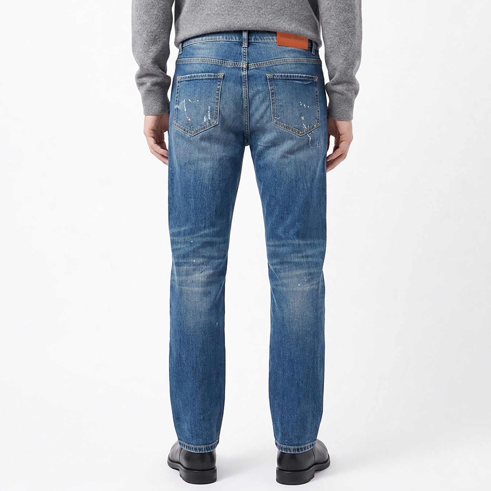 Custom Men's Blue Washed Skinny Jeans With Paint Splatters