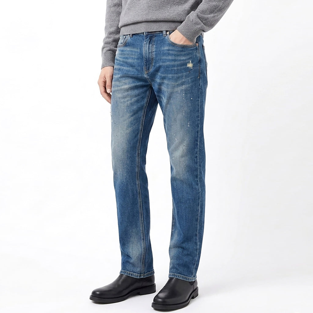 Custom Men's Blue Washed Skinny Jeans With Paint Splatters