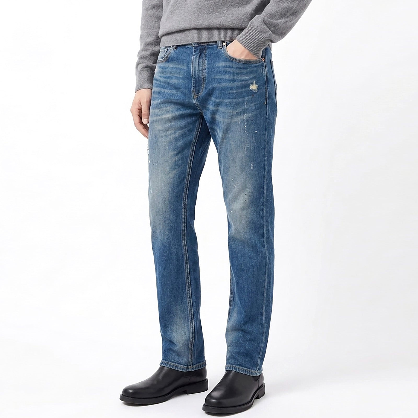 Custom Men's Blue Washed Skinny Jeans With Paint Splatters