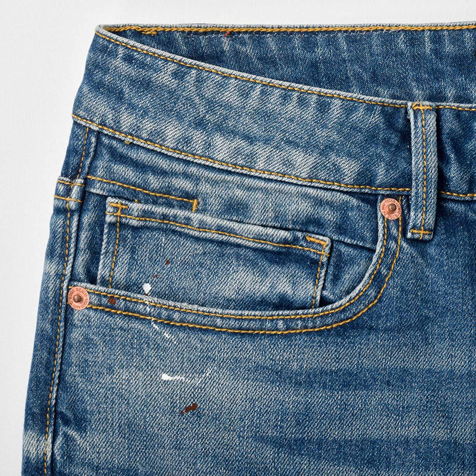 Custom Men's Blue Washed Skinny Jeans With Paint Splatters