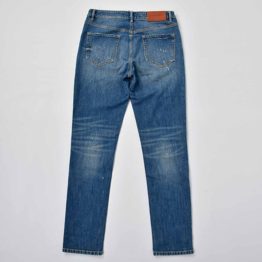 Custom Men's Blue Washed Skinny Jeans With Paint Splatters
