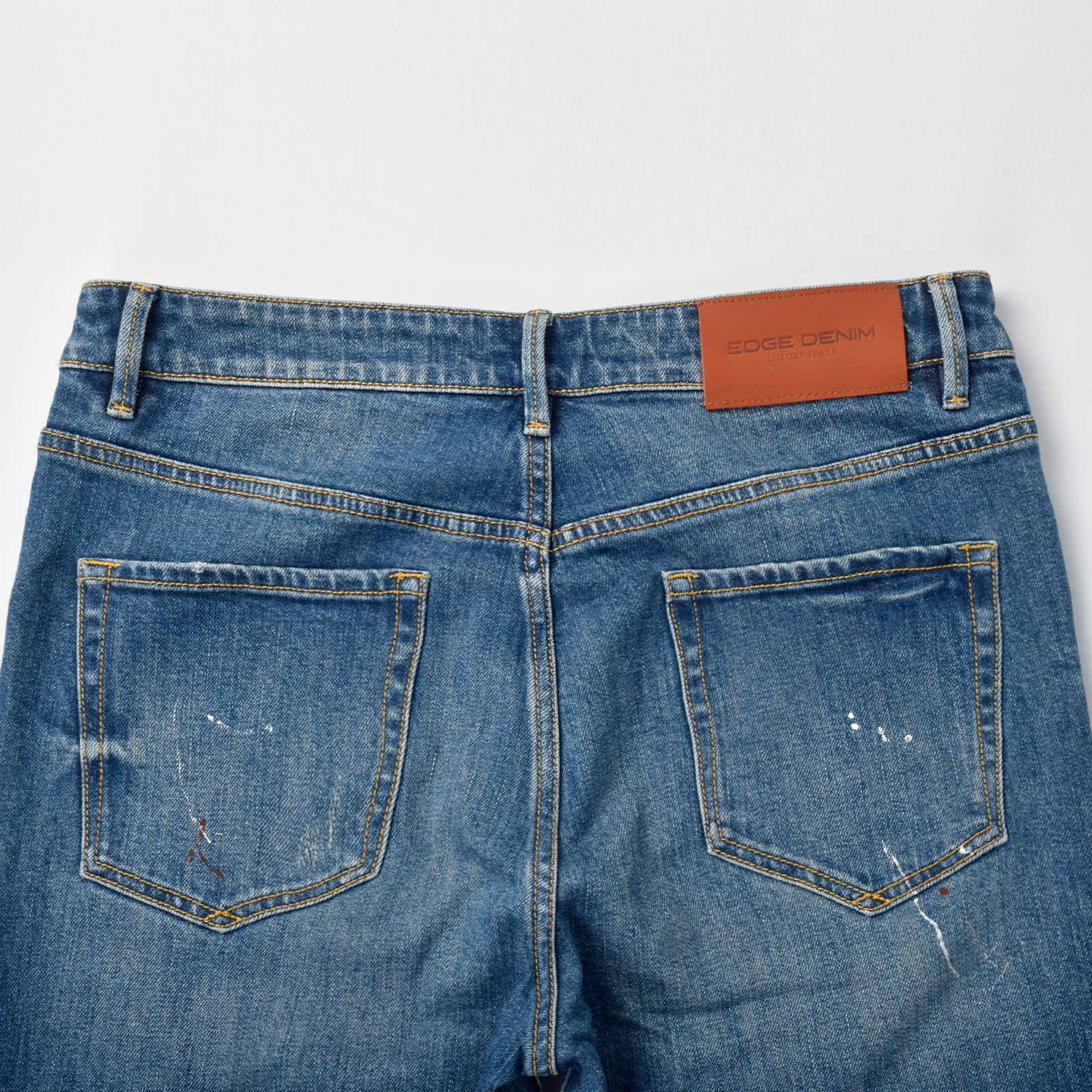 Custom Men's Blue Washed Skinny Jeans With Paint Splatters