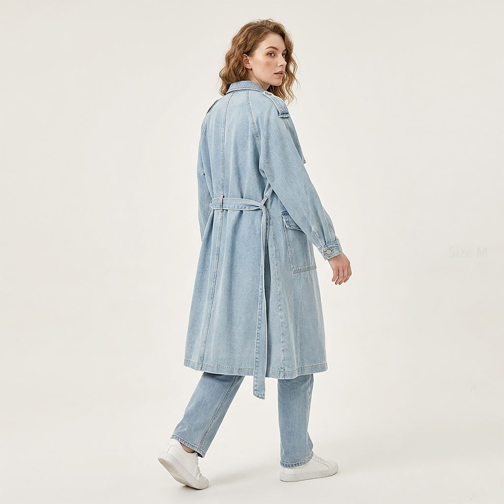 Custom Women's Blue Plain Denim Long Jacket