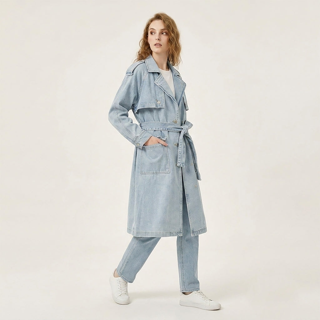 Custom Women's Blue Plain Denim Long Jacket