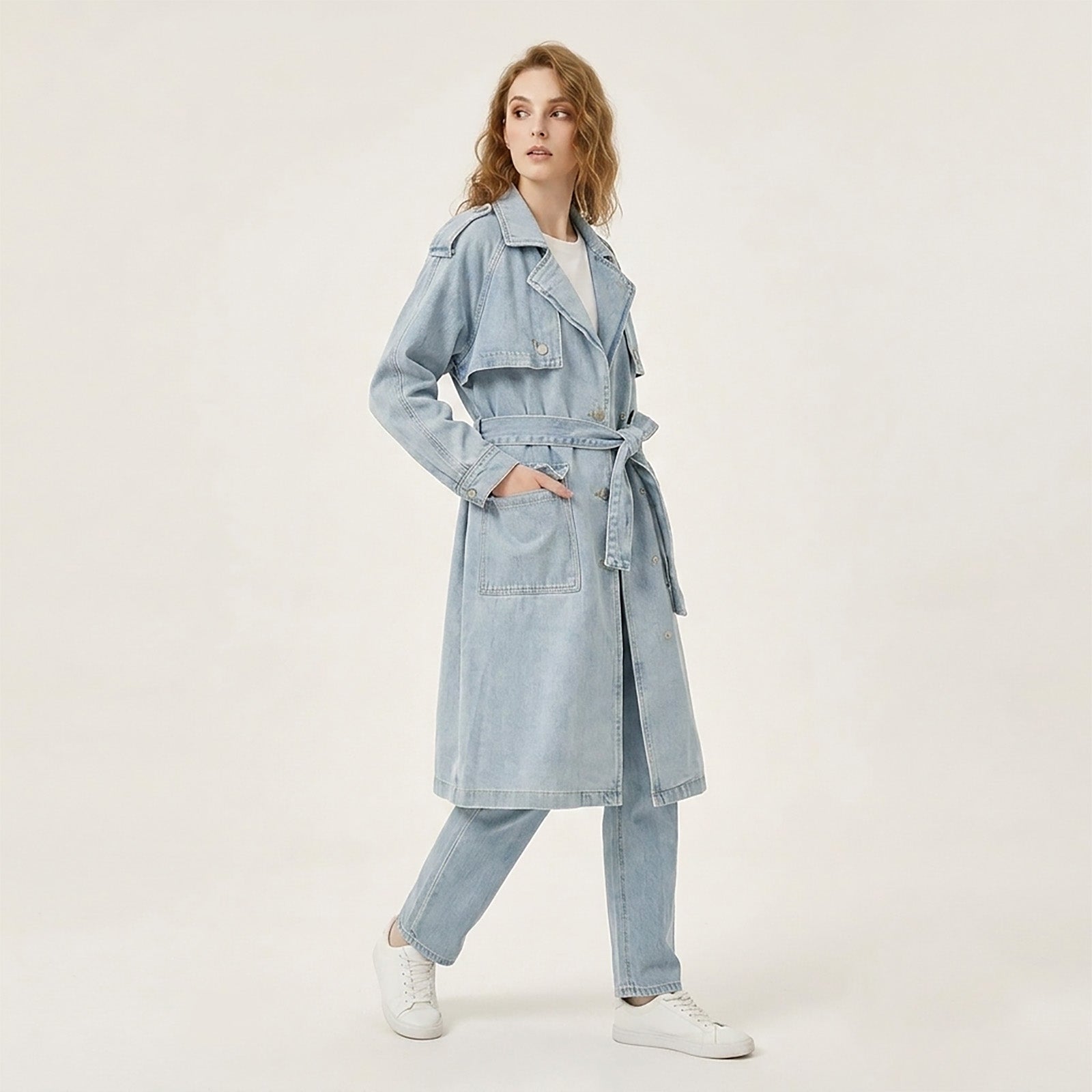 Custom Women's Blue Plain Denim Long Jacket