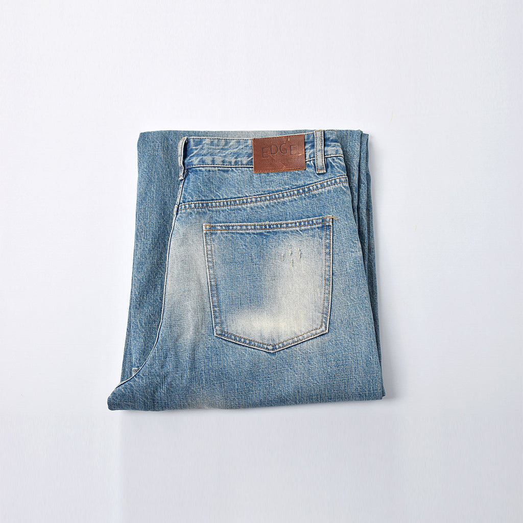 Custom Men's Vintage Washed Baggy Blue Jeans With Selvedge Denim