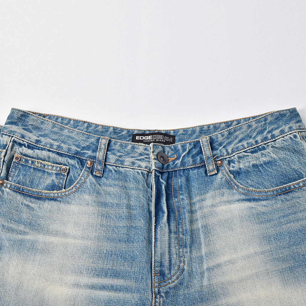Custom Men's Vintage Washed Baggy Blue Jeans With Selvedge Denim