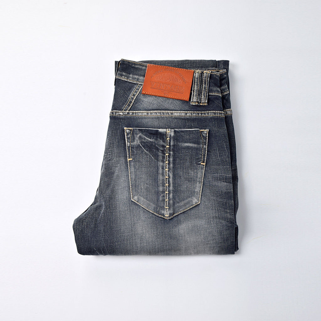 Custom Men's Indigo Blue Washed Slim Fit Jeans