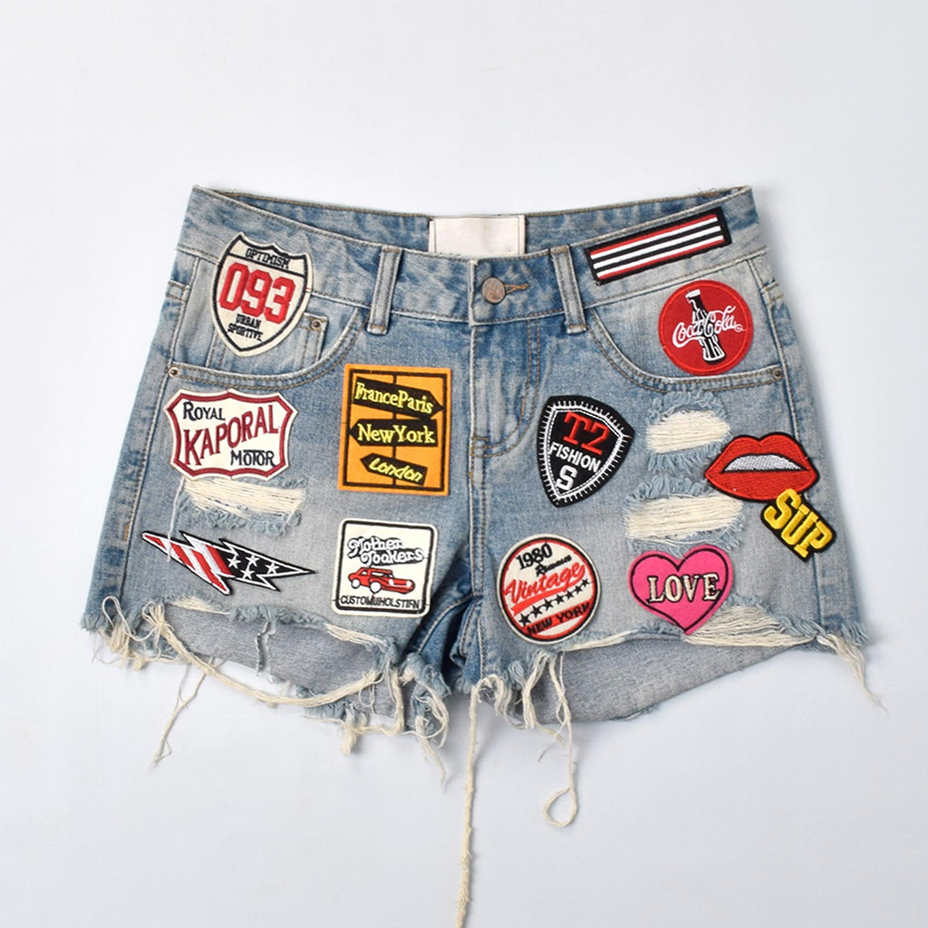 Custom Women's Patch Work Distressed Mini Denim Shorts