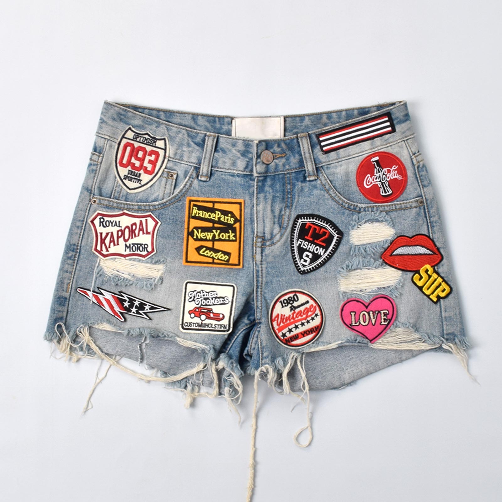 Custom Women's Patch Work Distressed Mini Denim Shorts