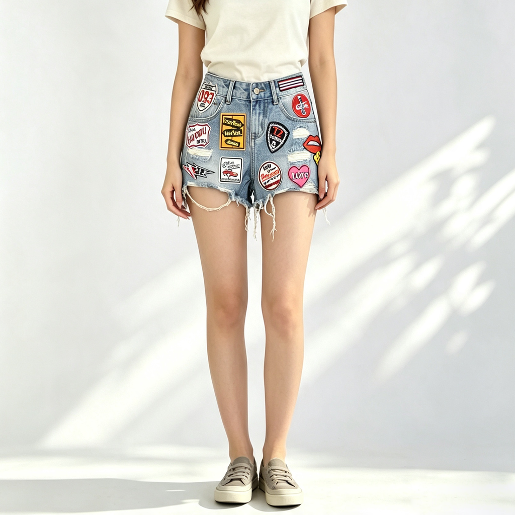 Custom Women's Patch Work Distressed Mini Denim Shorts