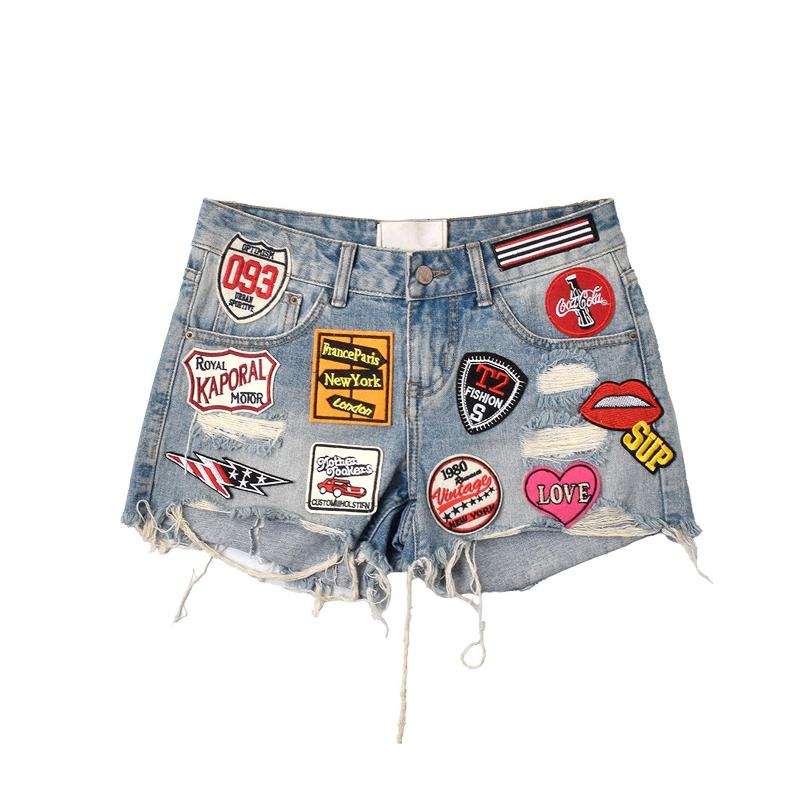 Custom Women's Patch Work Distressed Mini Denim Shorts