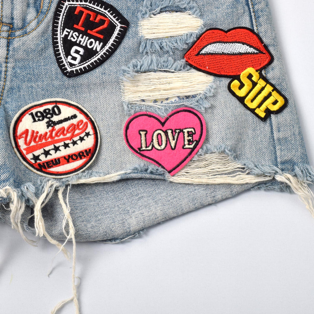 Custom Women's Patch Work Distressed Mini Denim Shorts