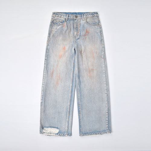 Custom Men's Dirty Washed Straight Leg Baggy Fit Jeans