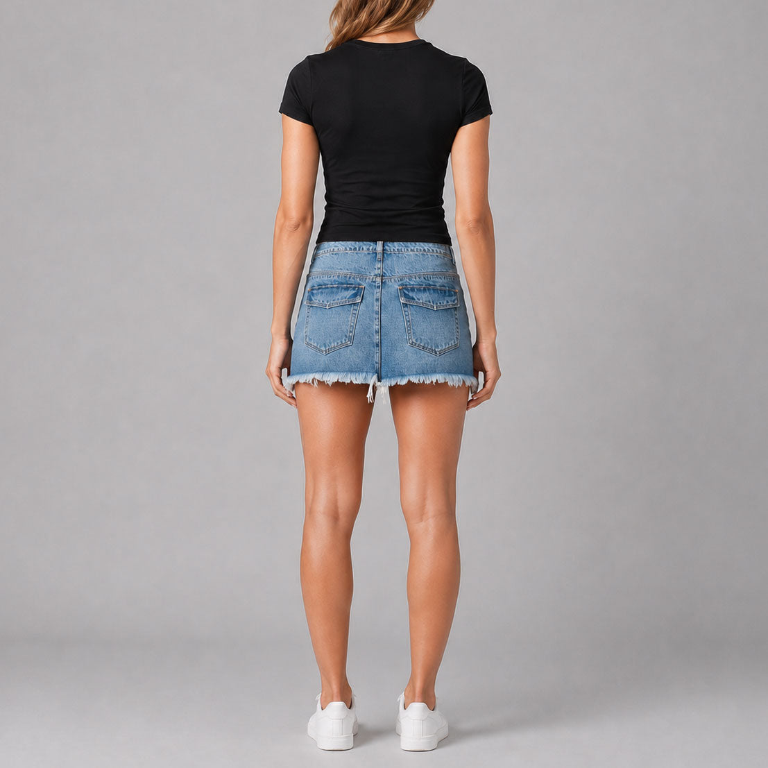 Custom Women's Washed Blue Raw Hem Mini Denim Skirt