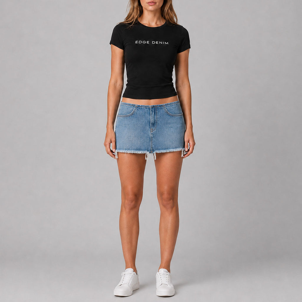 Custom Women's Washed Blue Raw Hem Mini Denim Skirt