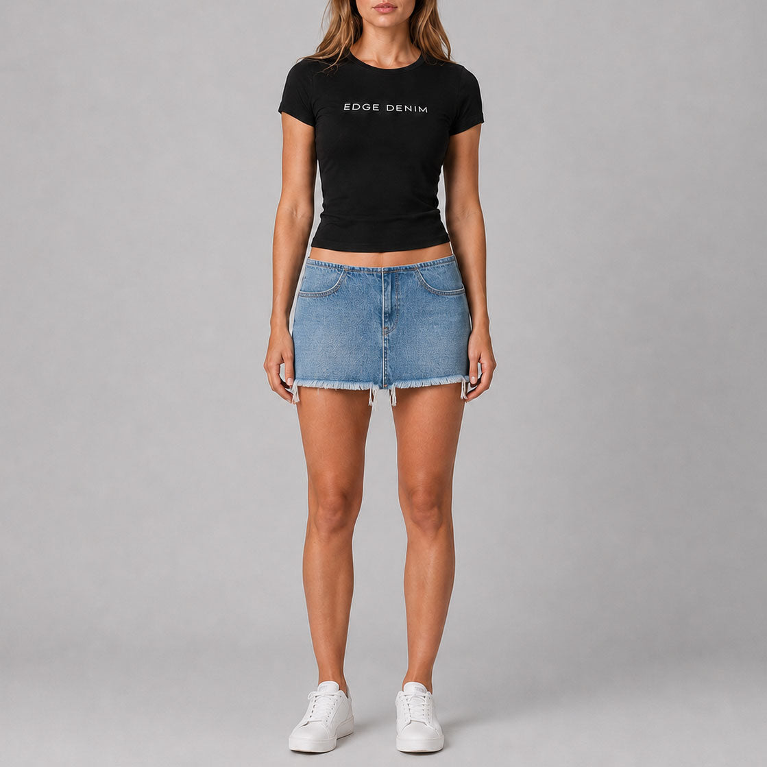 Custom Women's Washed Blue Raw Hem Mini Denim Skirt