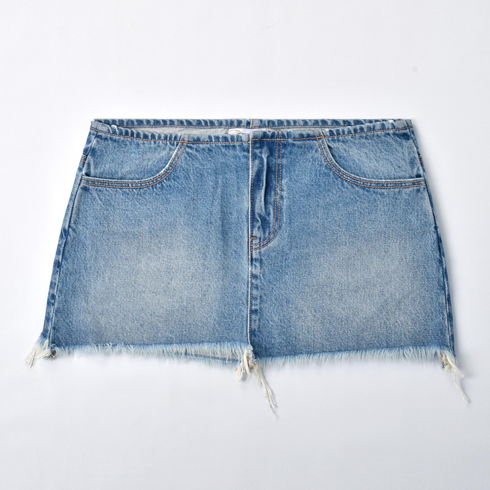 Custom Women's Washed Blue Raw Hem Mini Denim Skirt
