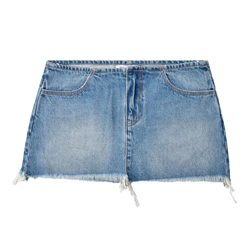 Custom Women's Washed Blue Raw Hem Mini Denim Skirt