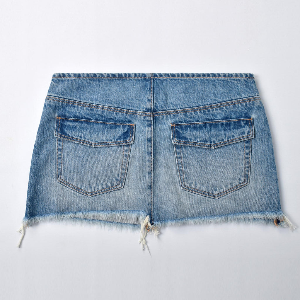 Custom Women's Washed Blue Raw Hem Mini Denim Skirt