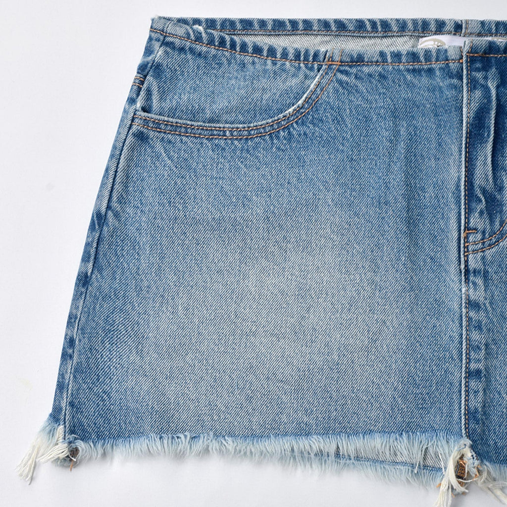 Custom Women's Washed Blue Raw Hem Mini Denim Skirt