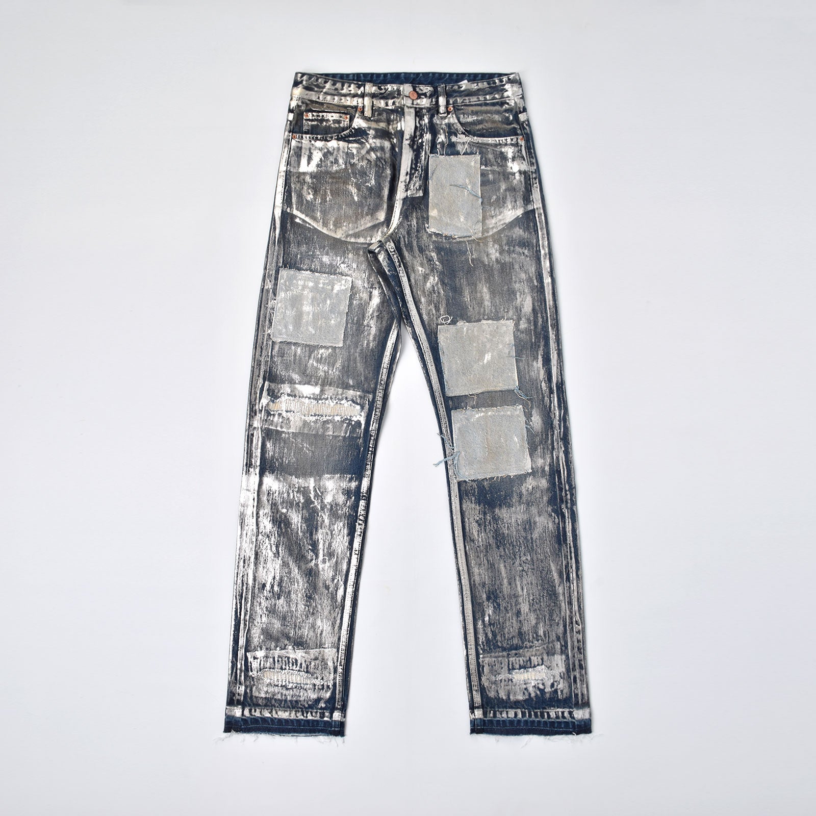 Custom Men's Silver Waxed Coat Patch Work Embroidery Jeans