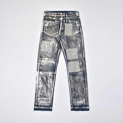 Custom Men's Silver Waxed Coat Patch Work Embroidery Jeans