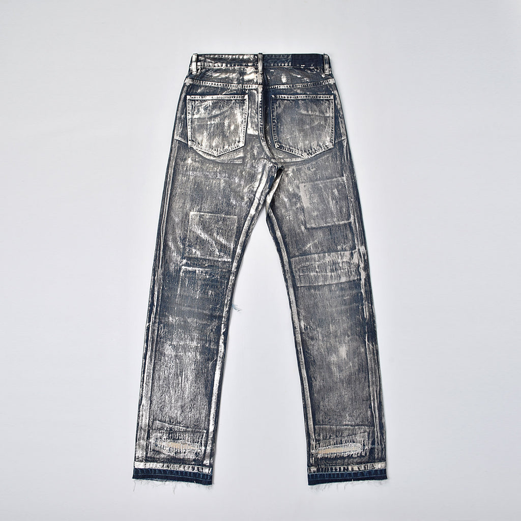 Custom Men's Silver Waxed Coat Patch Work Embroidery Jeans