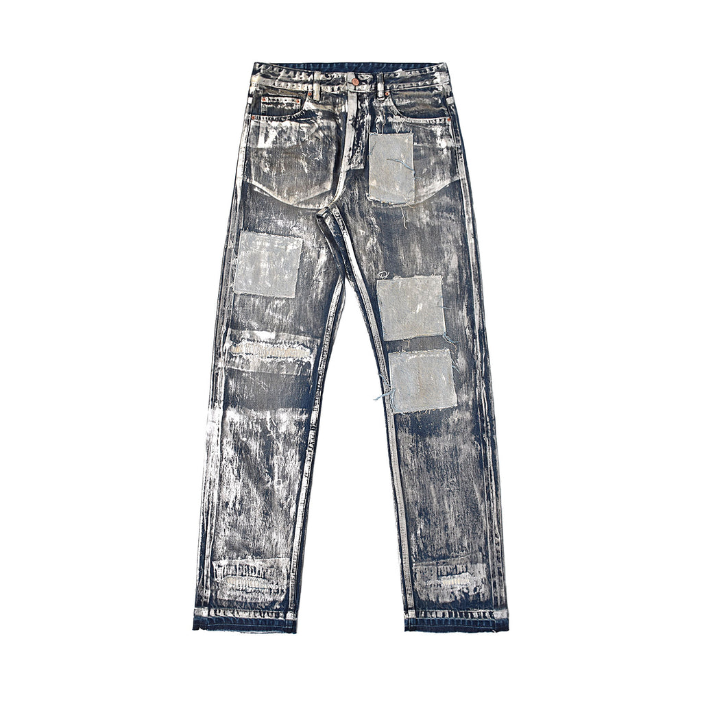 Custom Men's Silver Waxed Coat Patch Work Embroidery Jeans