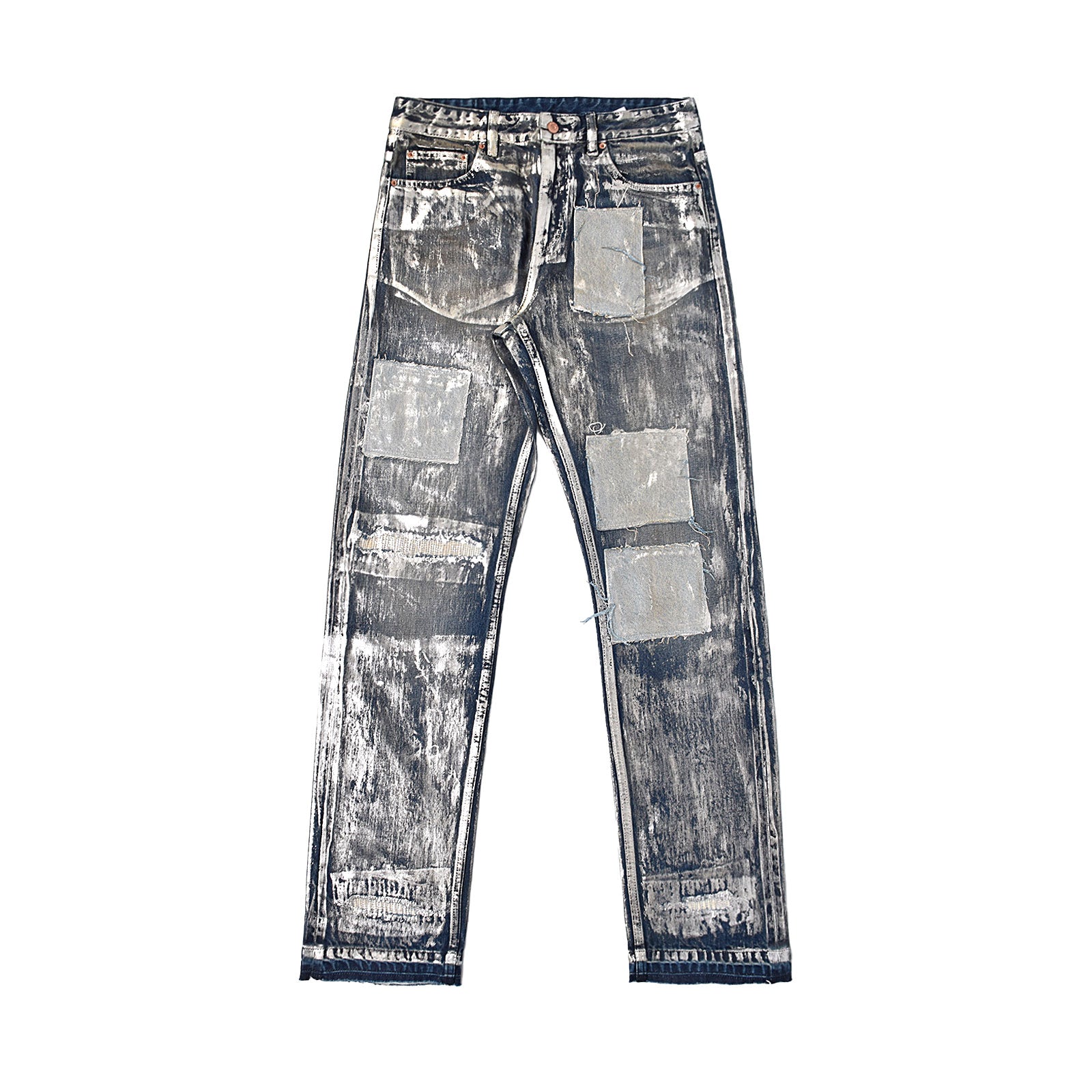 Custom Men's Silver Waxed Coat Patch Work Embroidery Jeans