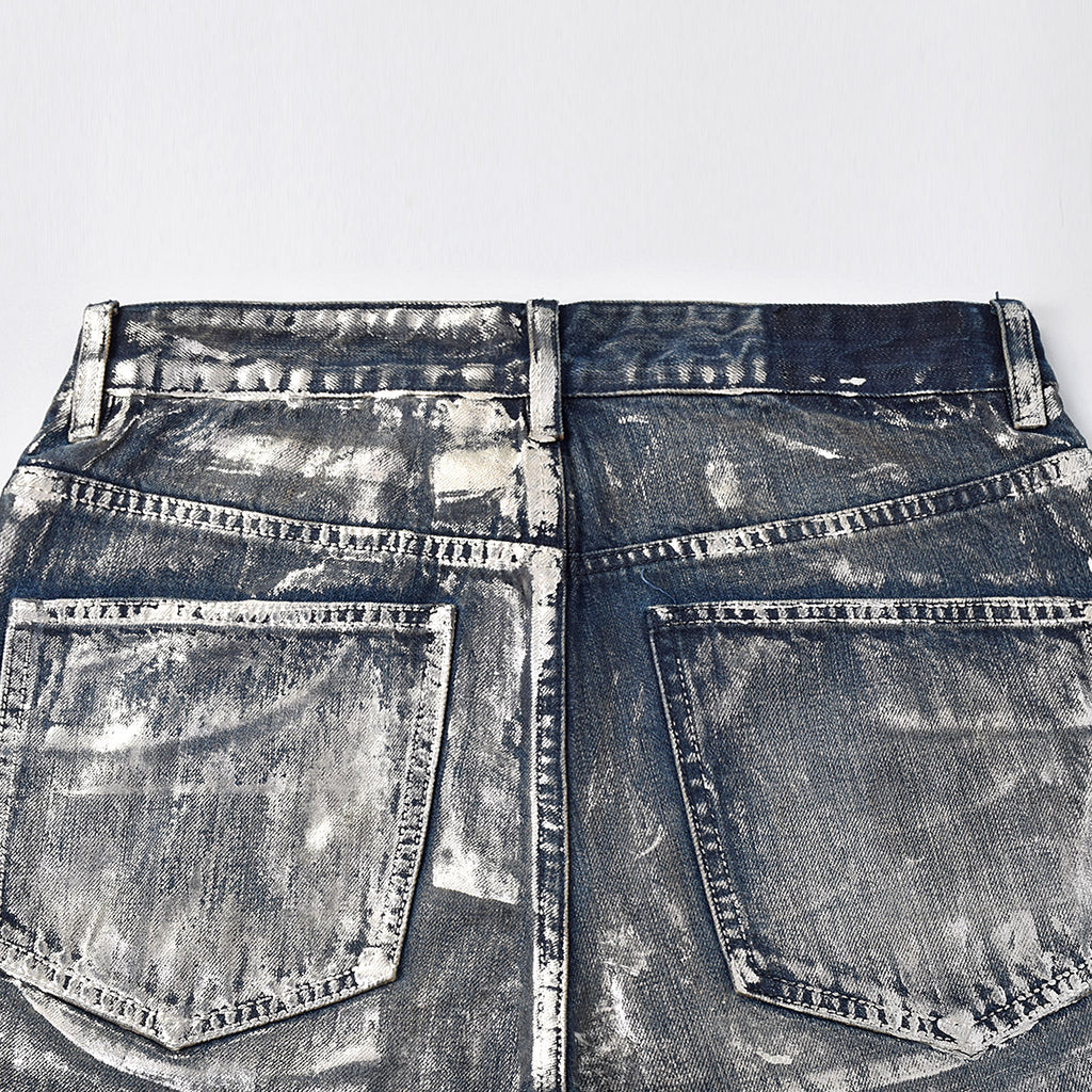 Custom Men's Silver Waxed Coat Patch Work Embroidery Jeans
