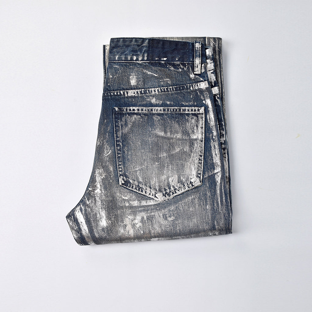Custom Men's Silver Waxed Coat Patch Work Embroidery Jeans