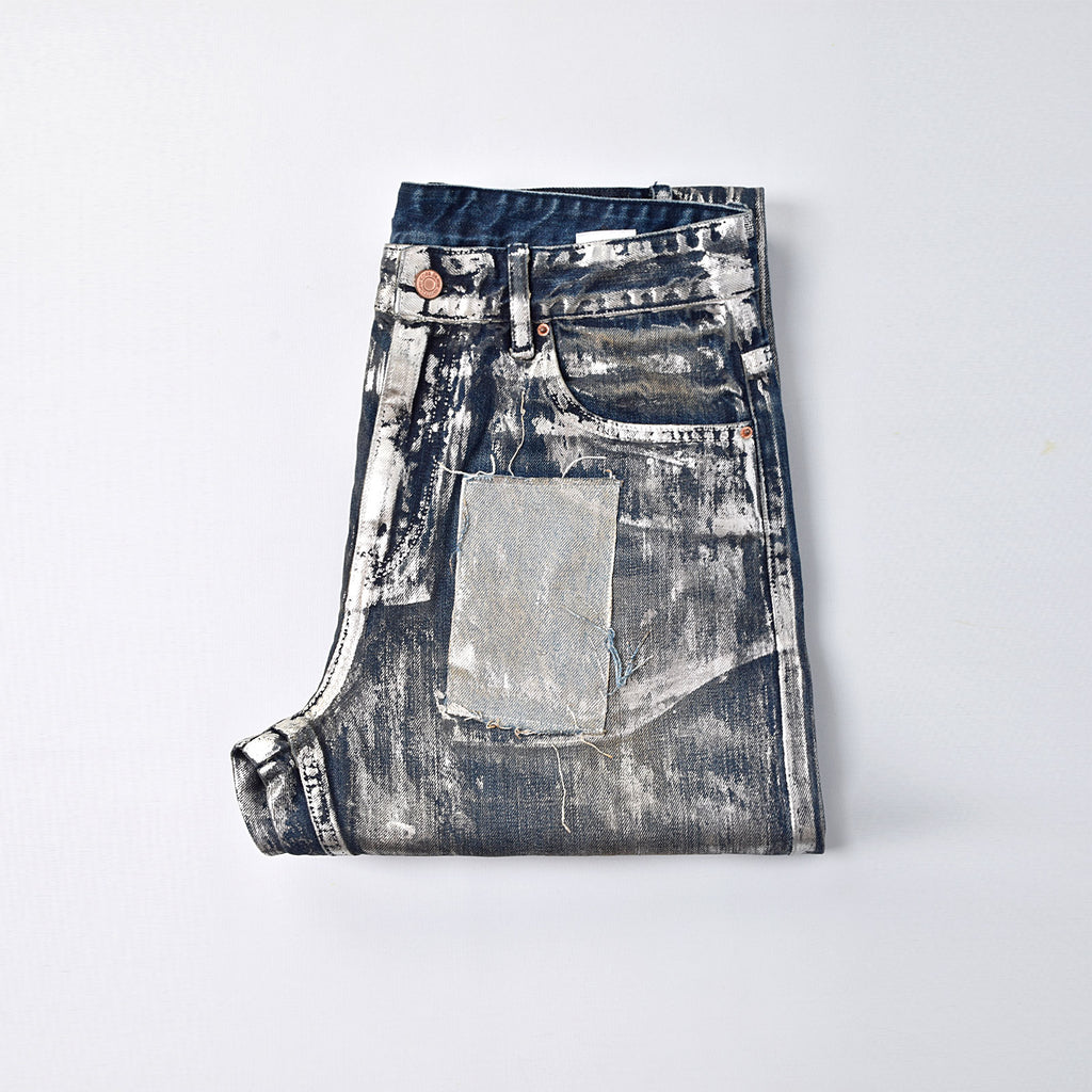 Custom Men's Silver Waxed Coat Patch Work Embroidery Jeans