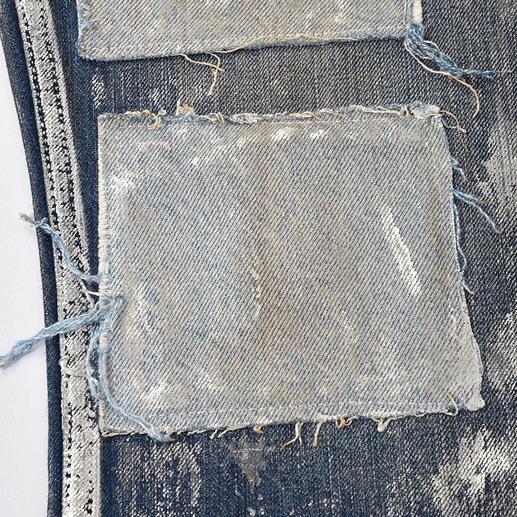 Custom Men's Silver Waxed Coat Patch Work Embroidery Jeans