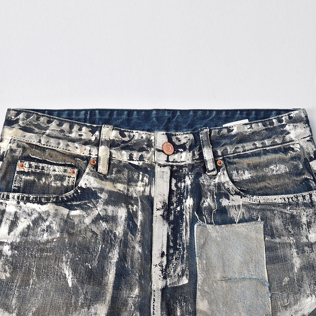 Custom Men's Silver Waxed Coat Patch Work Embroidery Jeans