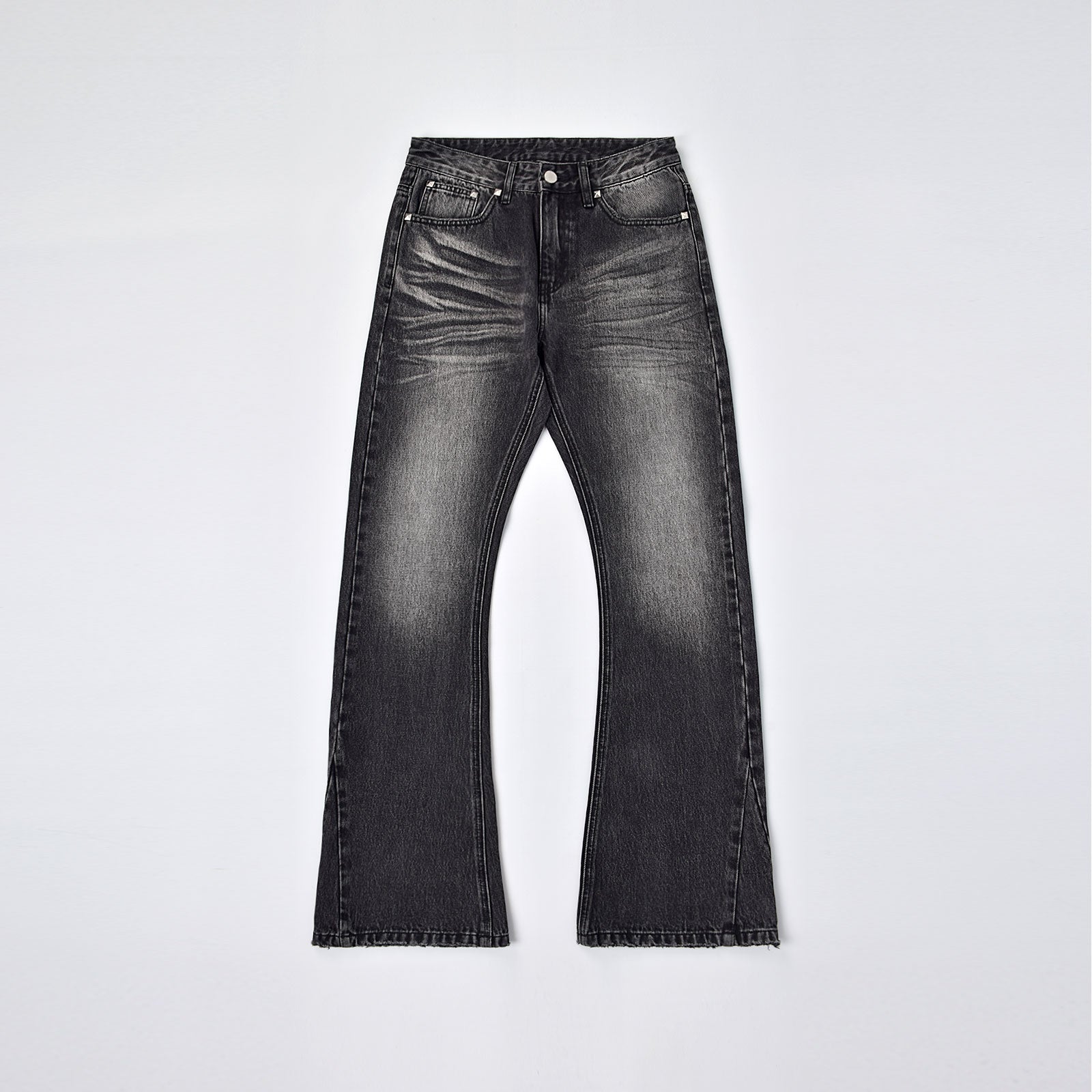 Custom Men's Black Heavyweight Flared Fit Washed Jeans With Rivets