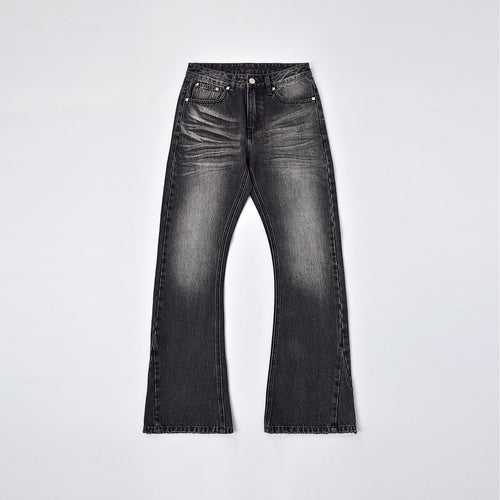 Custom Men's Black Heavyweight Flared Fit Washed Jeans With Rivets