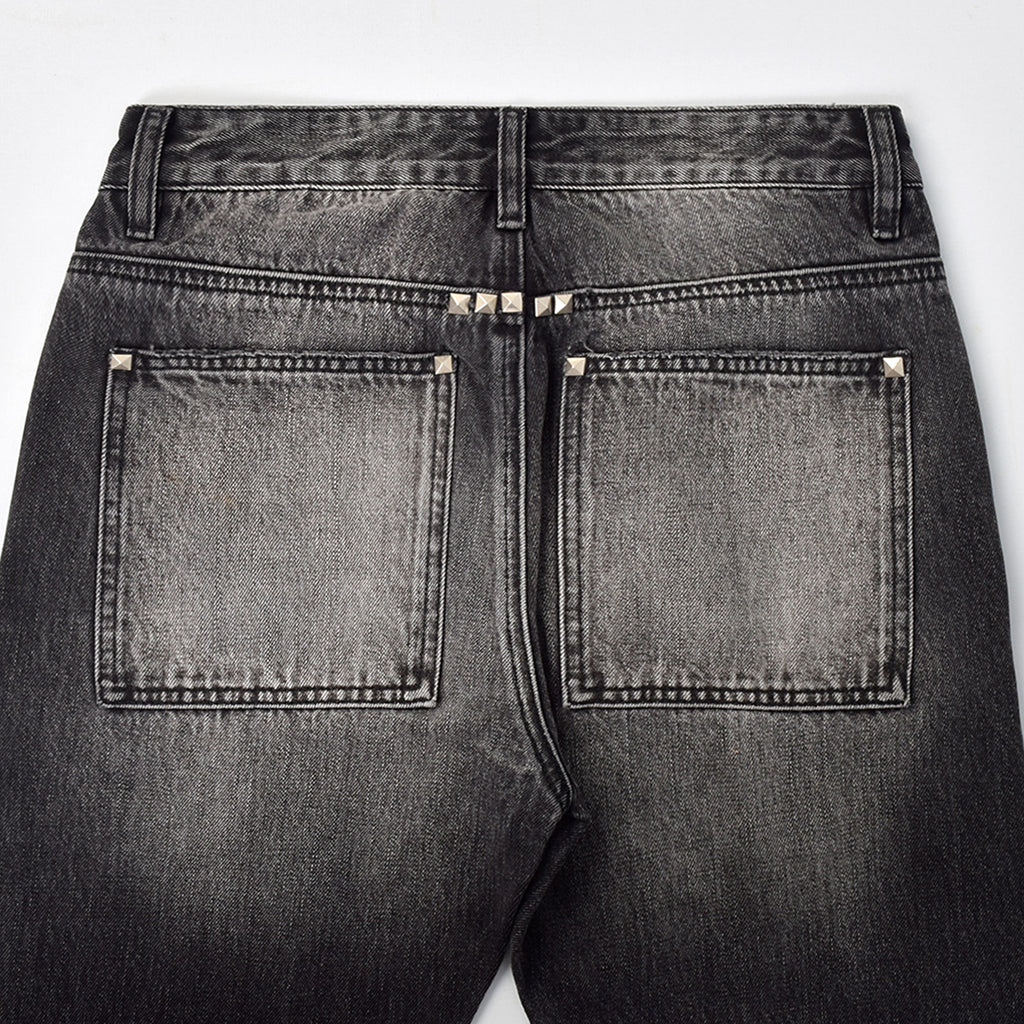 Custom Men's Black Heavyweight Flared Fit Washed Jeans With Rivets