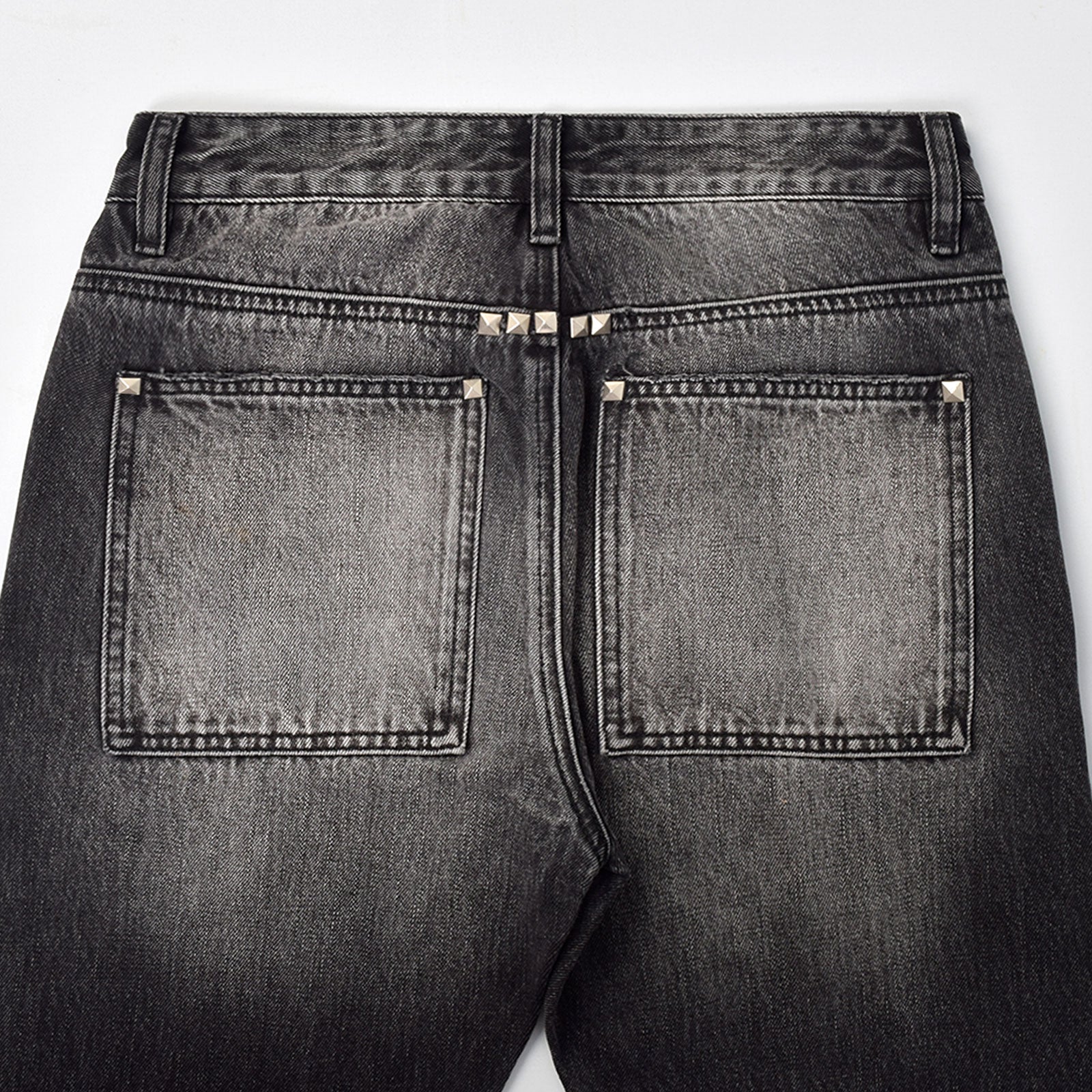 Custom Men's Black Heavyweight Flared Fit Washed Jeans With Rivets