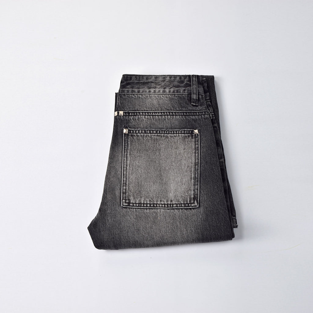 Custom Men's Black Heavyweight Flared Fit Washed Jeans With Rivets