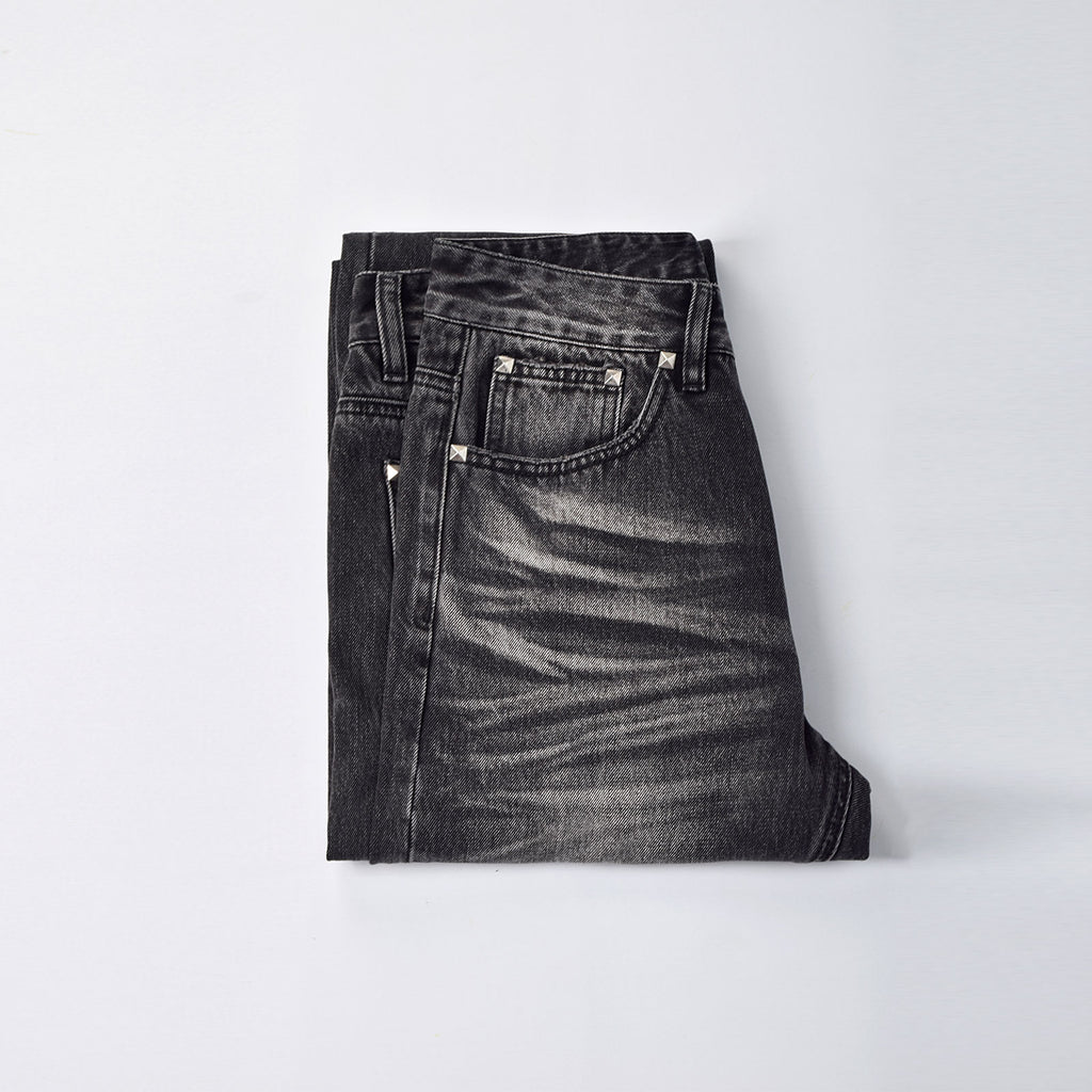 Custom Men's Black Heavyweight Flared Fit Washed Jeans With Rivets
