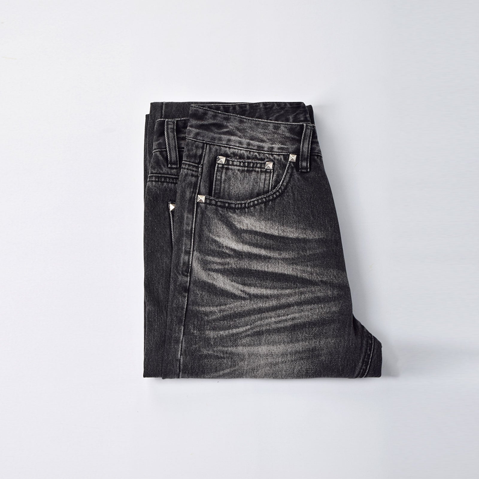 Custom Men's Black Heavyweight Flared Fit Washed Jeans With Rivets
