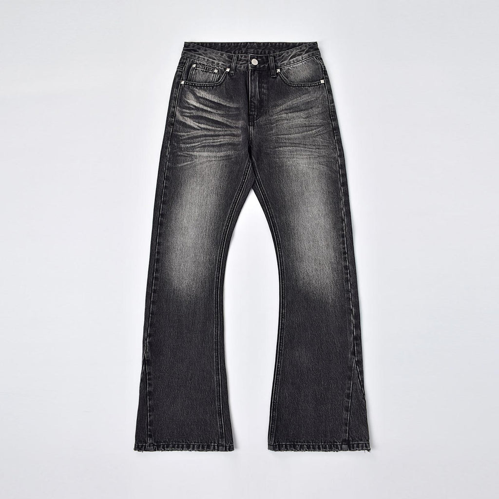 Custom Men's Black Heavyweight Flared Fit Washed Jeans With Rivets