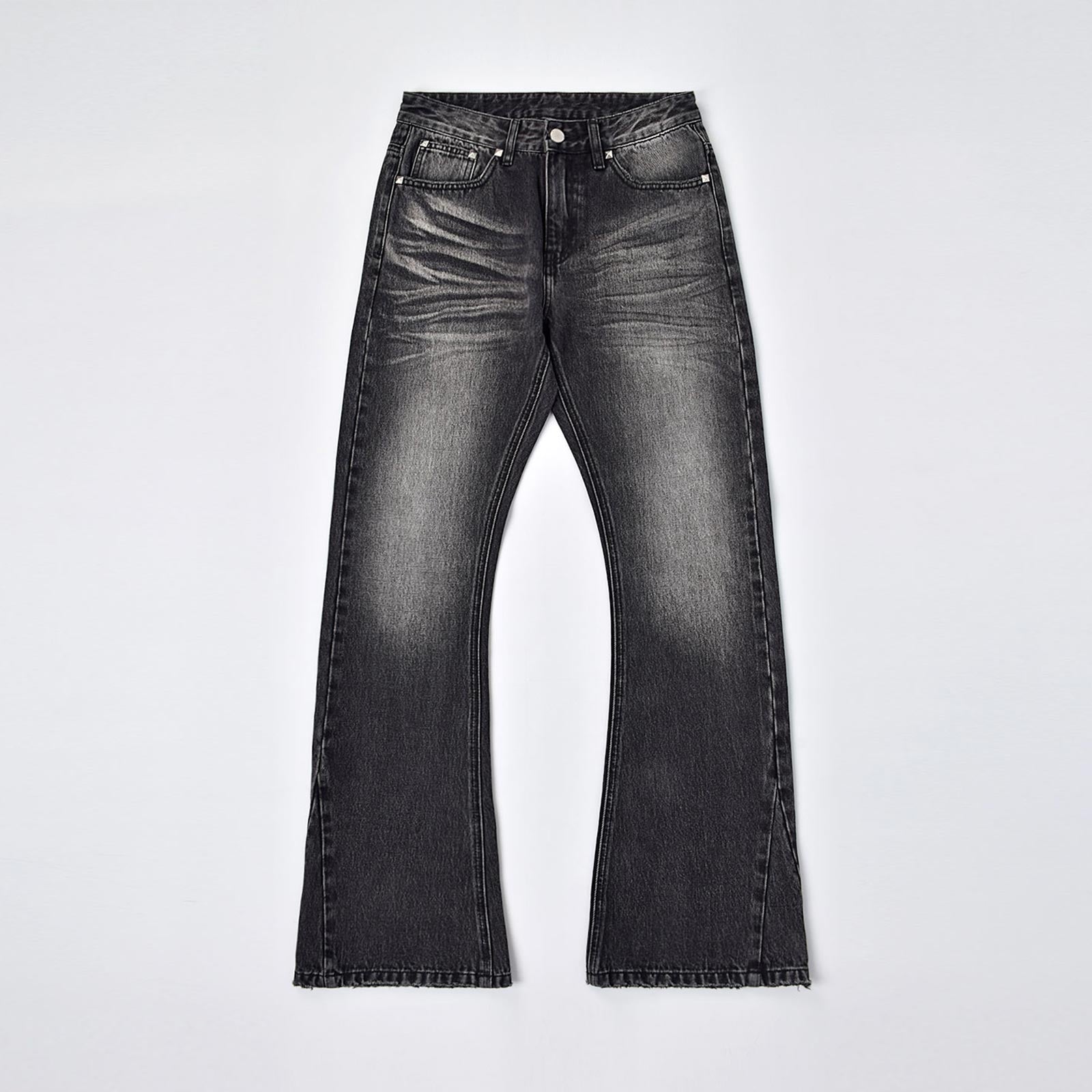 Custom Men's Black Heavyweight Flared Fit Washed Jeans With Rivets