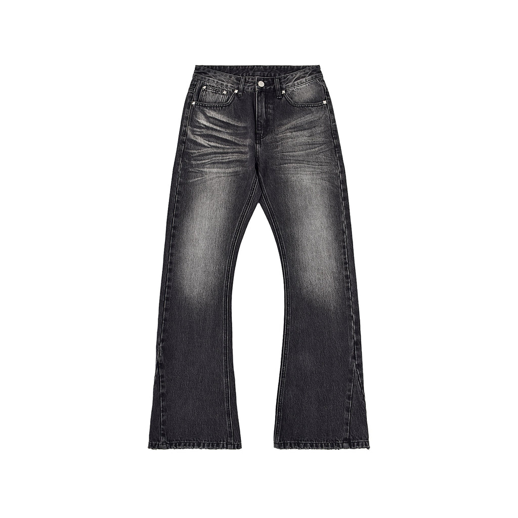 Custom Men's Black Heavyweight Flared Fit Washed Jeans With Rivets