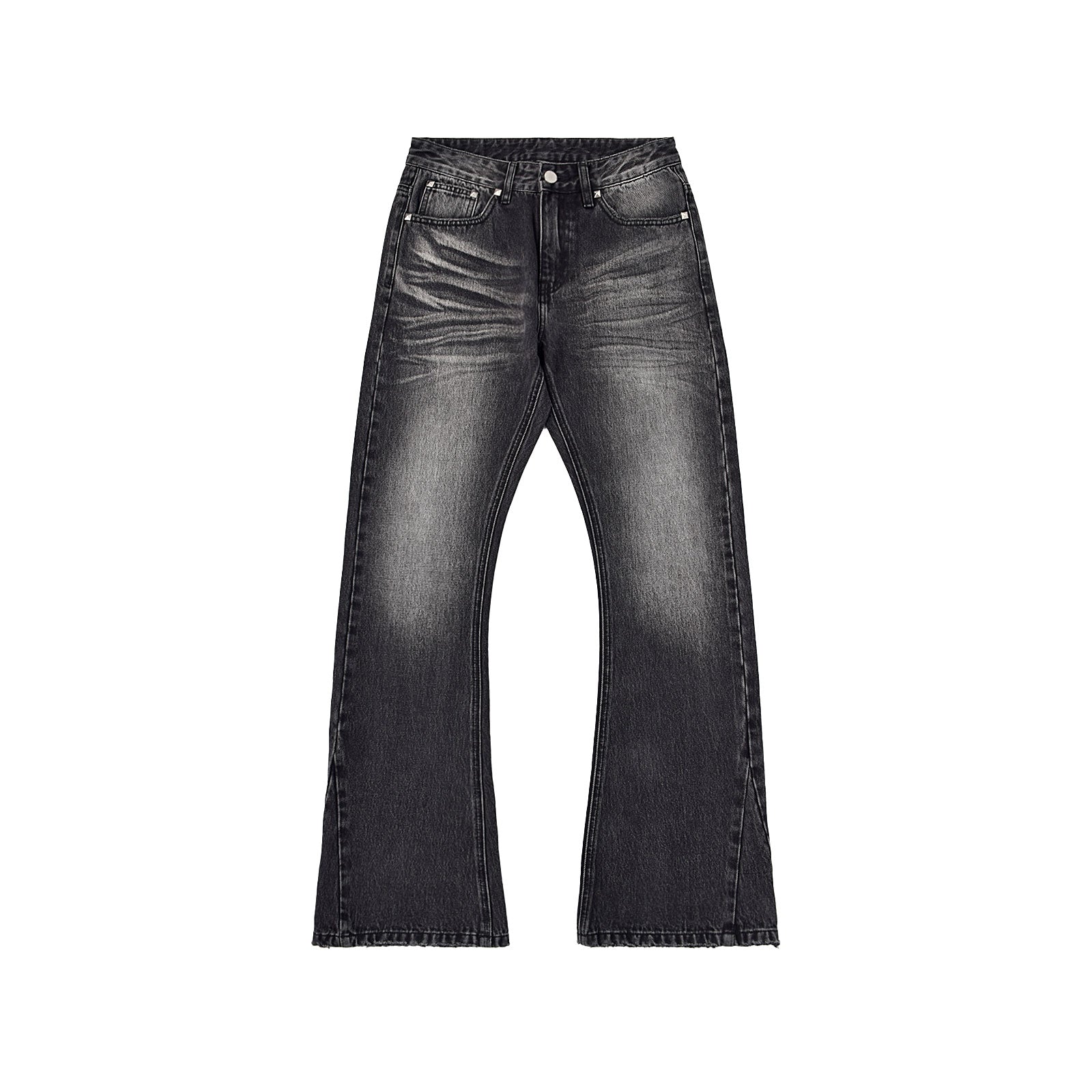 Custom Men's Black Heavyweight Flared Fit Washed Jeans With Rivets