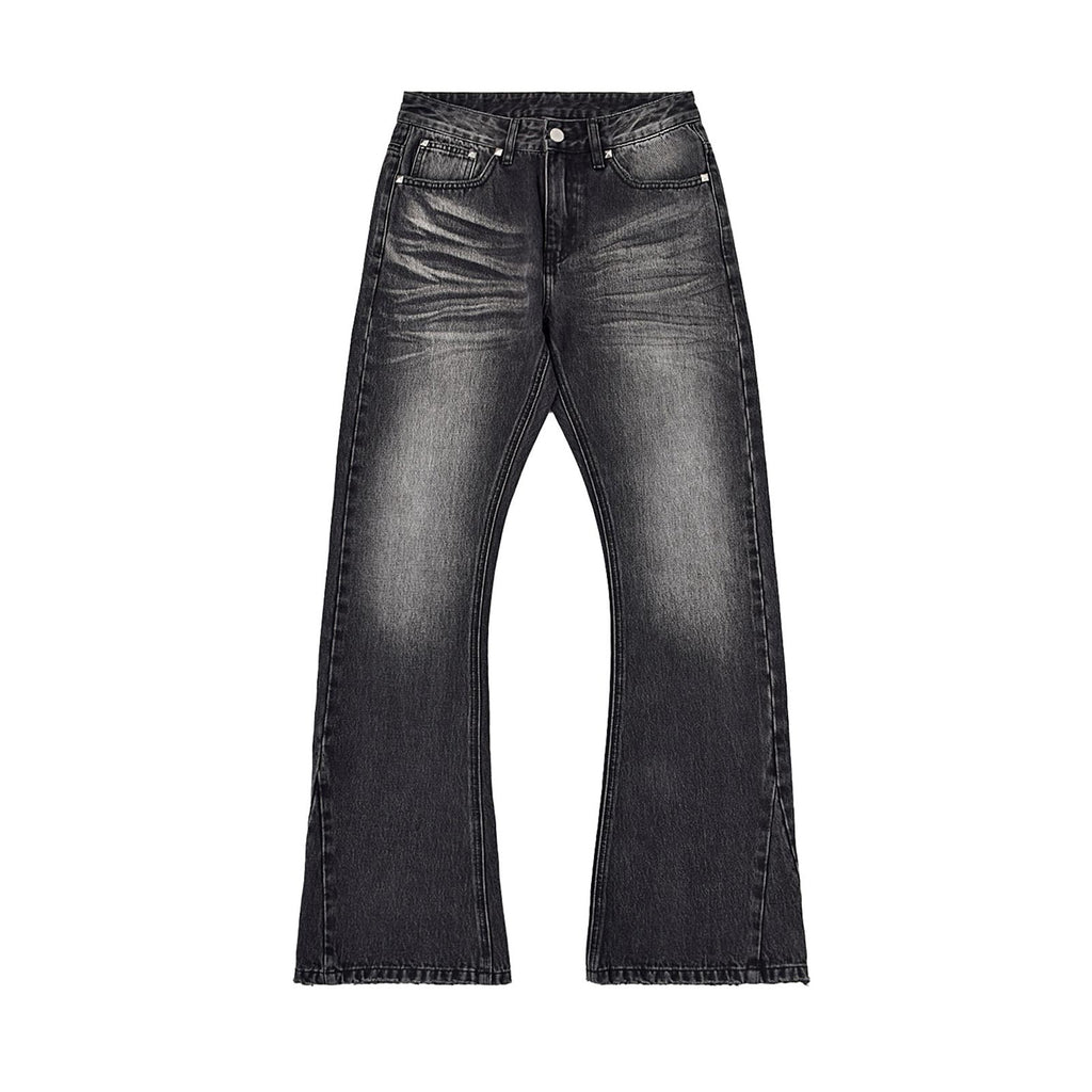 Custom Men's Black Heavyweight Flared Fit Washed Jeans With Rivets